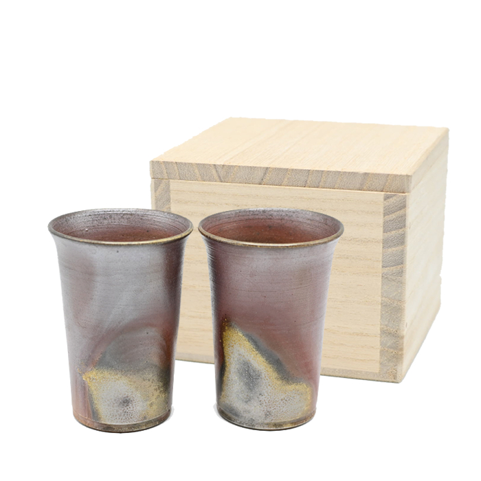 備前焼<br>ビアカップセット<br>(桐箱付き)<br>作家:延原 勝志